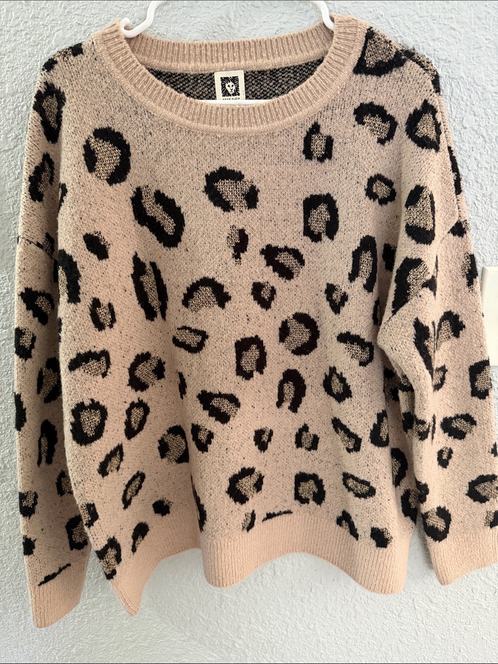 Anne Klein Beige and Black Leopard Print Crewneck Sweater